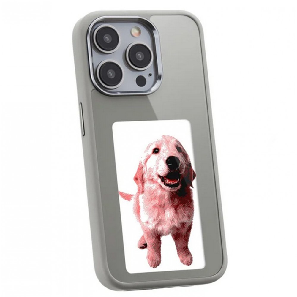 Coque iPhone 15 Pro Max - E-Ink Display DIY avec technologie NFC pour photo personnalisée - Gris