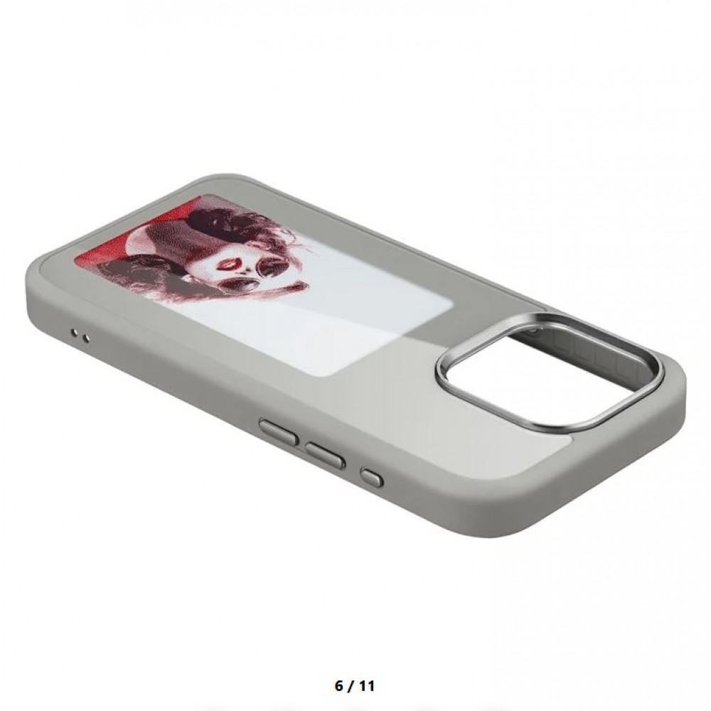 Coque iPhone 15 Pro Max - E-Ink Display DIY avec technologie NFC pour photo personnalisée - Gris