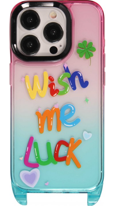 iPhone 15 Pro Case Hülle - Gummi transparent WISH ME LUCK mit Haken für Umhängeband (ohne Umhängeband) - Rosa/blau