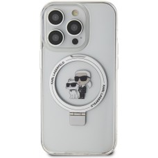Coque iPhone 14 Pro Max - Karl Lagerfeld et Choupette gel laqué avec anneau métallique de support amovible intégré et Magsafe - Transparent