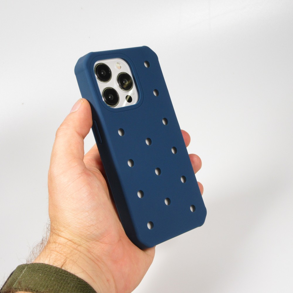 Coque iPhone 15 Pro Max - Case épais en silicone avec des trous pour les stickers à fixer - Bleu foncé