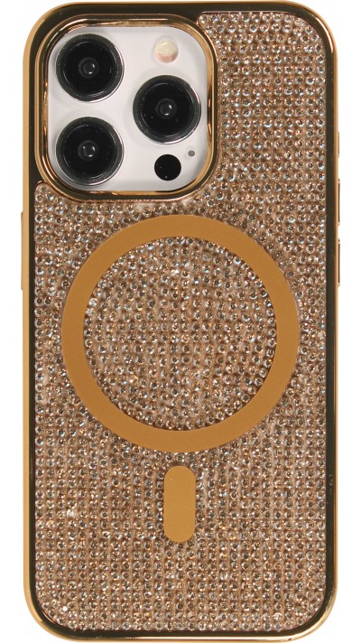 iPhone 15 Pro Case Hülle - Silikon starr mit glitzernden Edelsteinen MagSafe - Gold