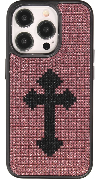 iPhone 15 Pro Case Hülle - Silikon weich mit glitzernden Edelsteinen Gothic Cross - Violett