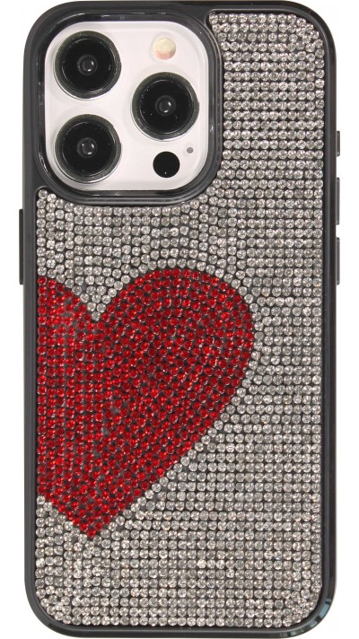 iPhone 15 Pro Case Hülle - Silikon weich mit glitzernden Edelsteinen Red Heart - Weiss