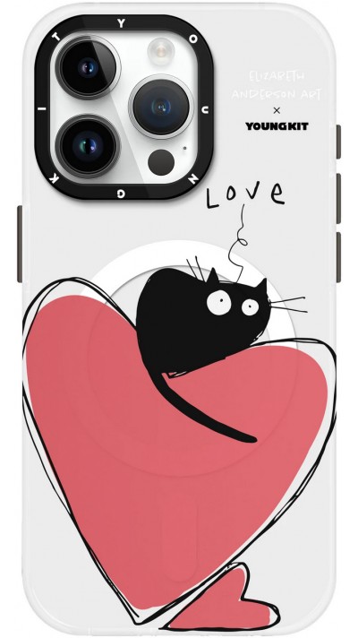 Coque iPhone 15 Pro - Youngkit @Elizabeth Anderson Art Love Cat Case avec Magsafe - Blanc