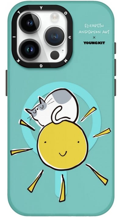 Coque iPhone 15 Pro - Youngkit @Elizabeth Anderson Art Love Cat Case avec Magsafe  - Bleu