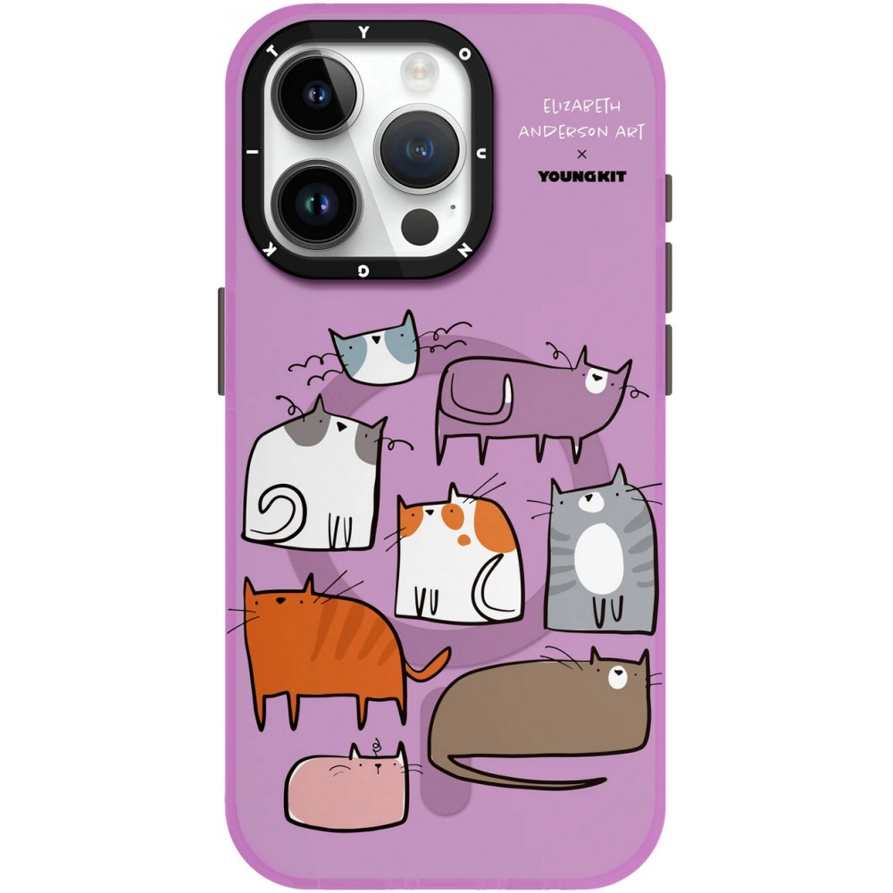 Coque iPhone 15 Pro - Youngkit @Elizabeth Anderson Art Love Cat Case avec Magsafe  - Violet
