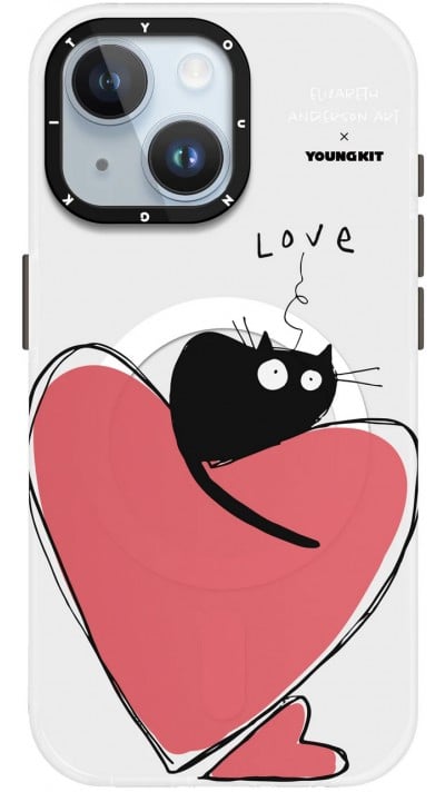 Coque iPhone 15 - Youngkit @Elizabeth Anderson Art Love Cat Case avec Magsafe - Blanc