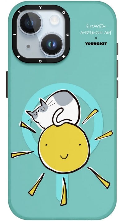 Coque iPhone 15 - Youngkit @Elizabeth Anderson Art Love Cat Case avec Magsafe - Bleu