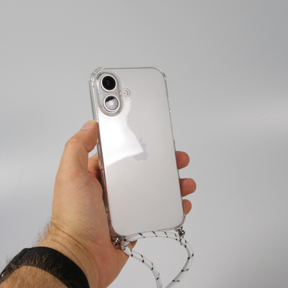 Coque iPhone 16 - Gel transparent avec lacet - Blanc tacheté