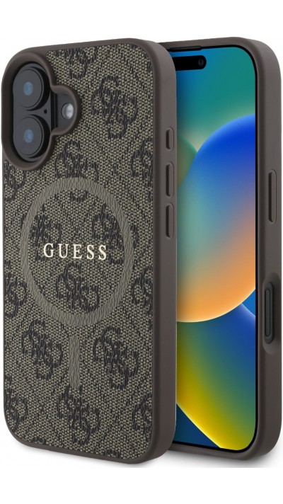 Coque iPhone 16 - Guess monogramme similicuir avec MagSafe intégré et logo doré - Brun