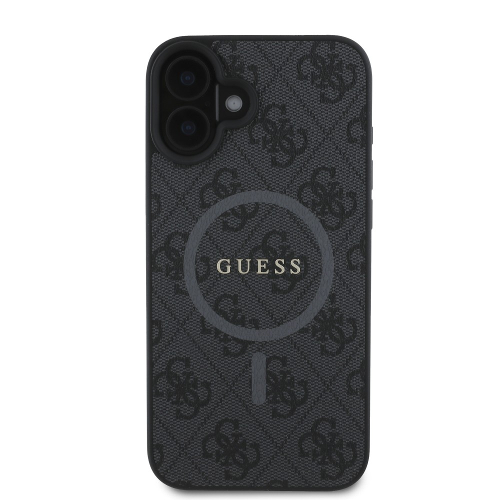 iPhone 16 Case Hülle - Guess Monogramm Kunstleder mit integriertem MagSafe und goldenem Logo - Schwarz