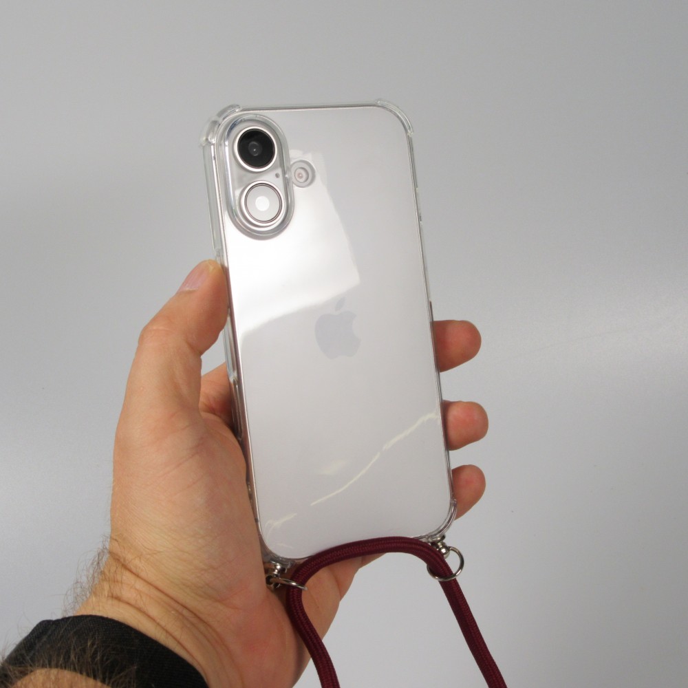 Hülle iPhone 16 Plus - Gummi transparent mit Seil - Rot