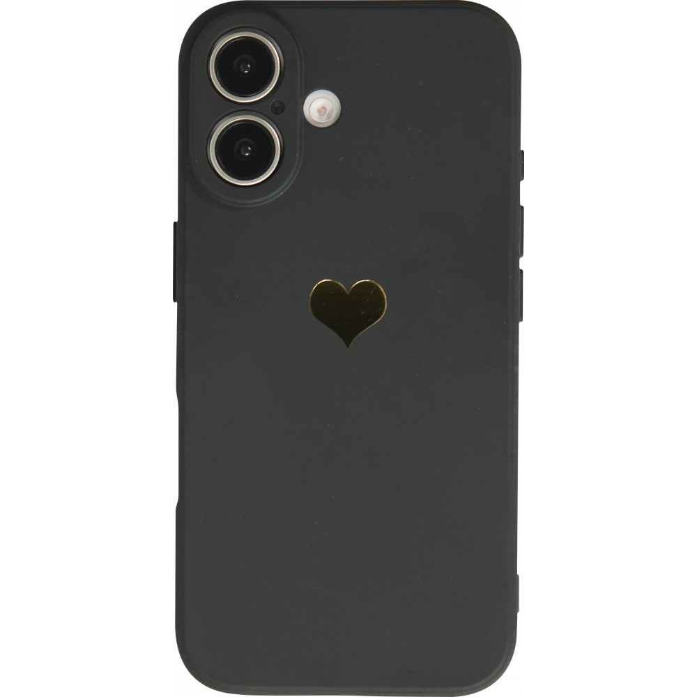 Coque iPhone 16 Plus - Silicone Mat Coeur doré - Noir