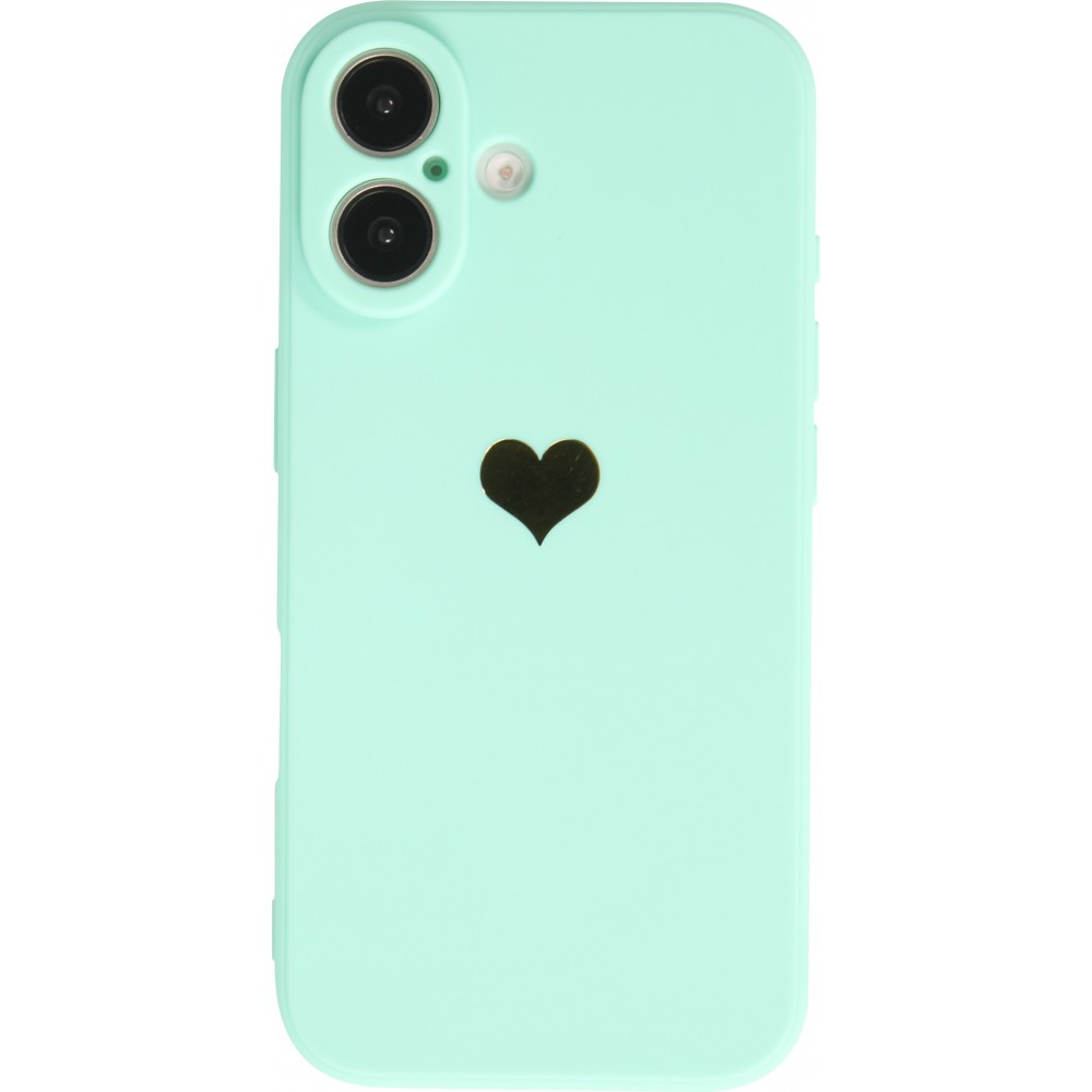 Coque iPhone 16 Plus - Silicone Mat Coeur doré - Turquoise