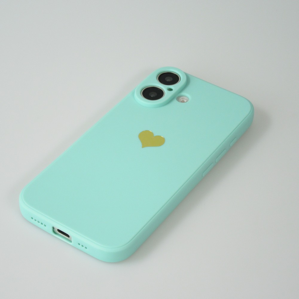 Coque iPhone 16 - Silicone Mat Coeur doré - Turquoise