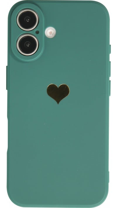 Coque iPhone 16 - Silicone Mat Coeur doré - Vert foncé