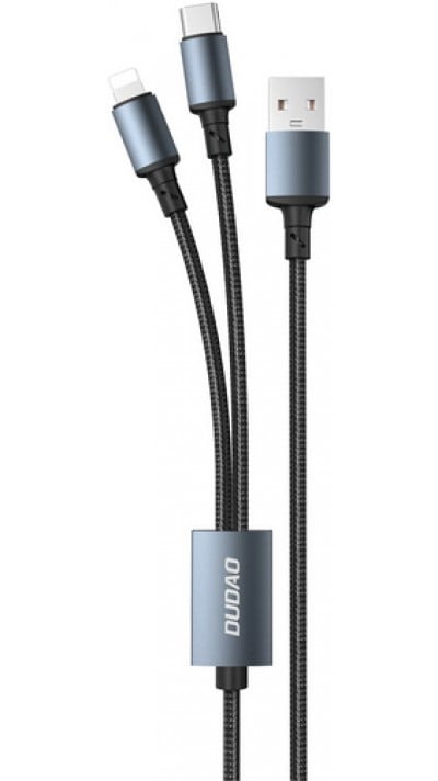 Dudao câble chargeur USB-A vers USB-C + Lightning pour Android & iPhone 1.2M - Gris