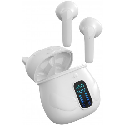 Ecouteurs sans fil chat chinois porte-bonheur Bluetooth In-ear avec mic. et LED - Blanc