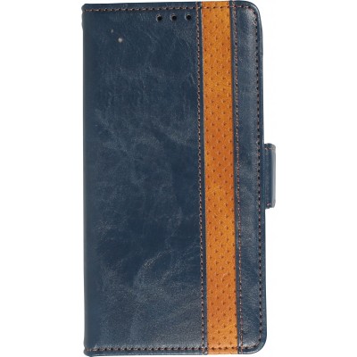 Etui cuir iPhone 7 / 8 / SE (2020, 2022) - Flip Wallet en cuir véritable avec stripe design et compartiment à cartes - Bleu