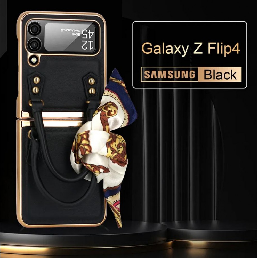 Galaxy Z Flip4 Case Hülle - Fashion Designer Schutzhülle Kunstleder in Handtaschenform - Schwarz