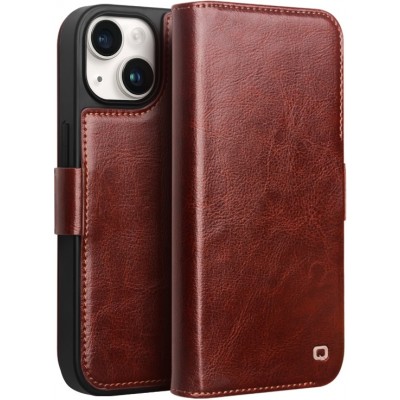 Fourre iPhone 15 - Flip Qialino cuir véritable avec fermeture magnétique - Brun foncé