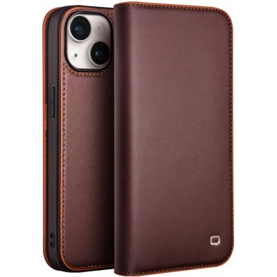 Fourre iPhone 15 - Flip Qialino cuir véritable - Brun foncé mat