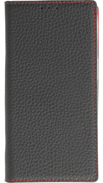 Fourre iPhone 15 Pro Max - Flip 3D cuir grainé véritable de vache - Noir/rouge
