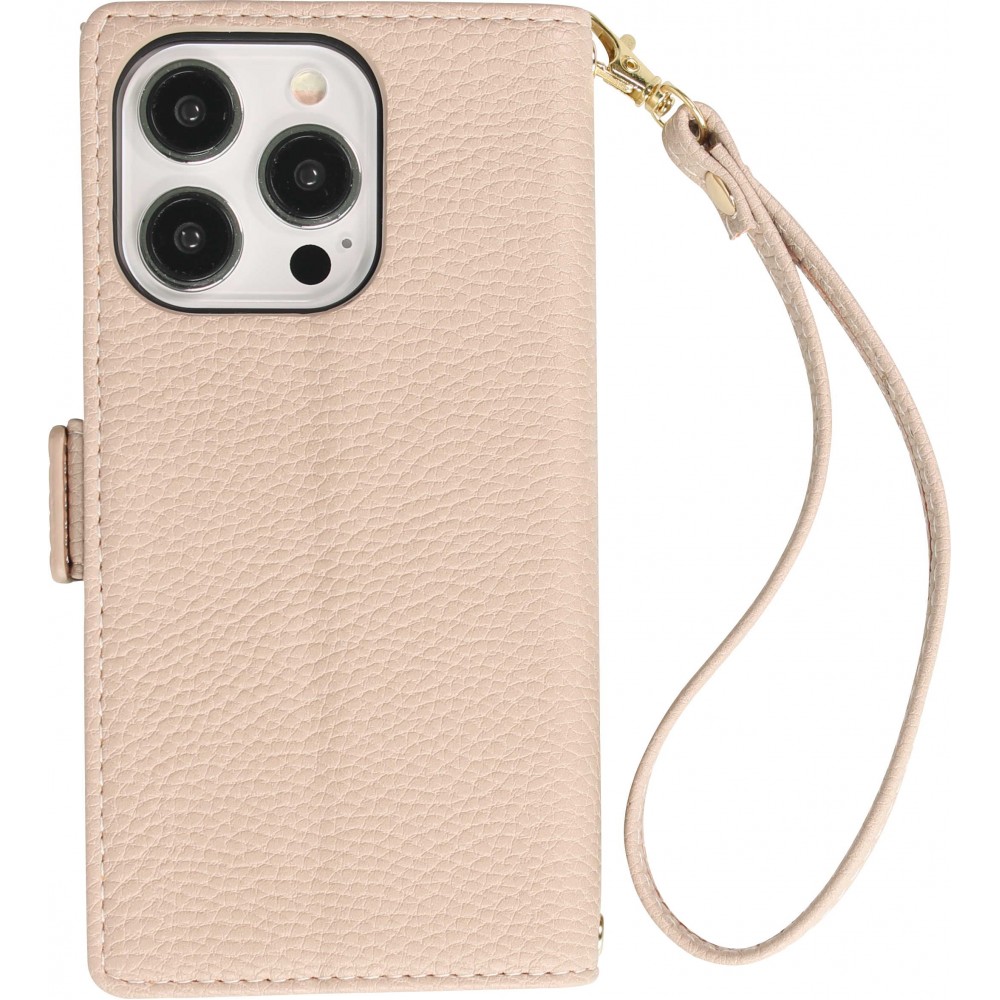 Fourre iPhone 15 Pro Max - Flip Wallet en cuir végétal avec portefeuille et fermeture magnétique - Beige