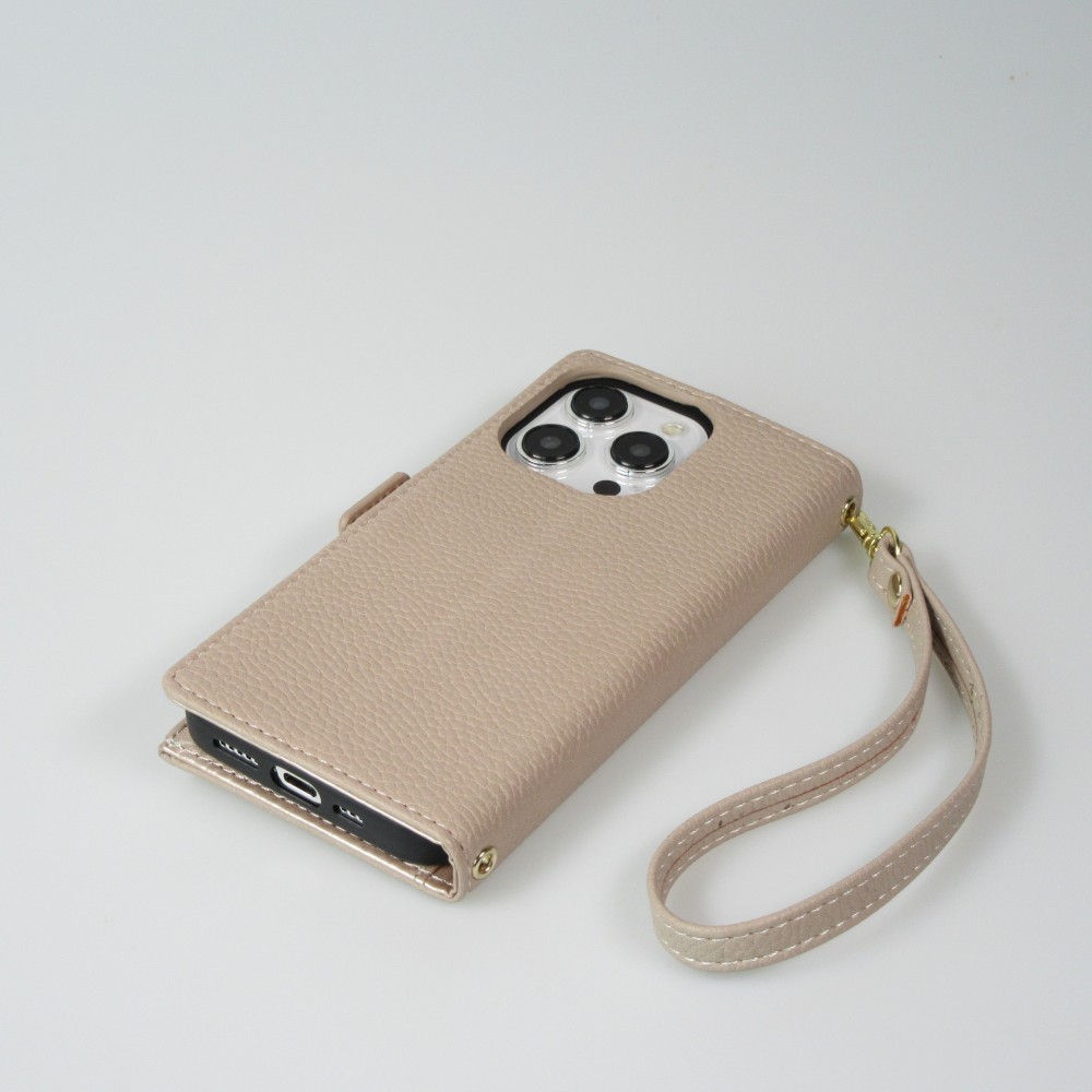 Fourre iPhone 15 Pro Max - Flip Wallet en cuir végétal avec portefeuille et fermeture magnétique - Beige