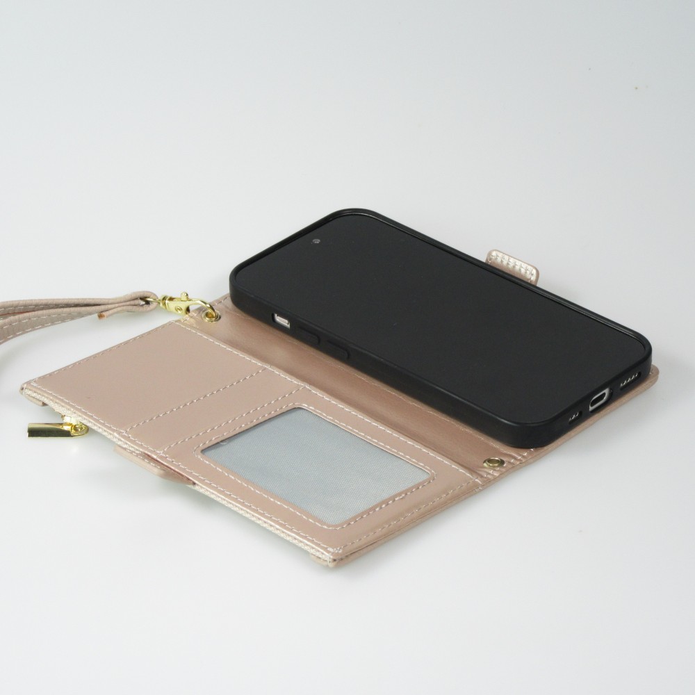 Fourre iPhone 15 Pro Max - Flip Wallet en cuir végétal avec portefeuille et fermeture magnétique - Beige