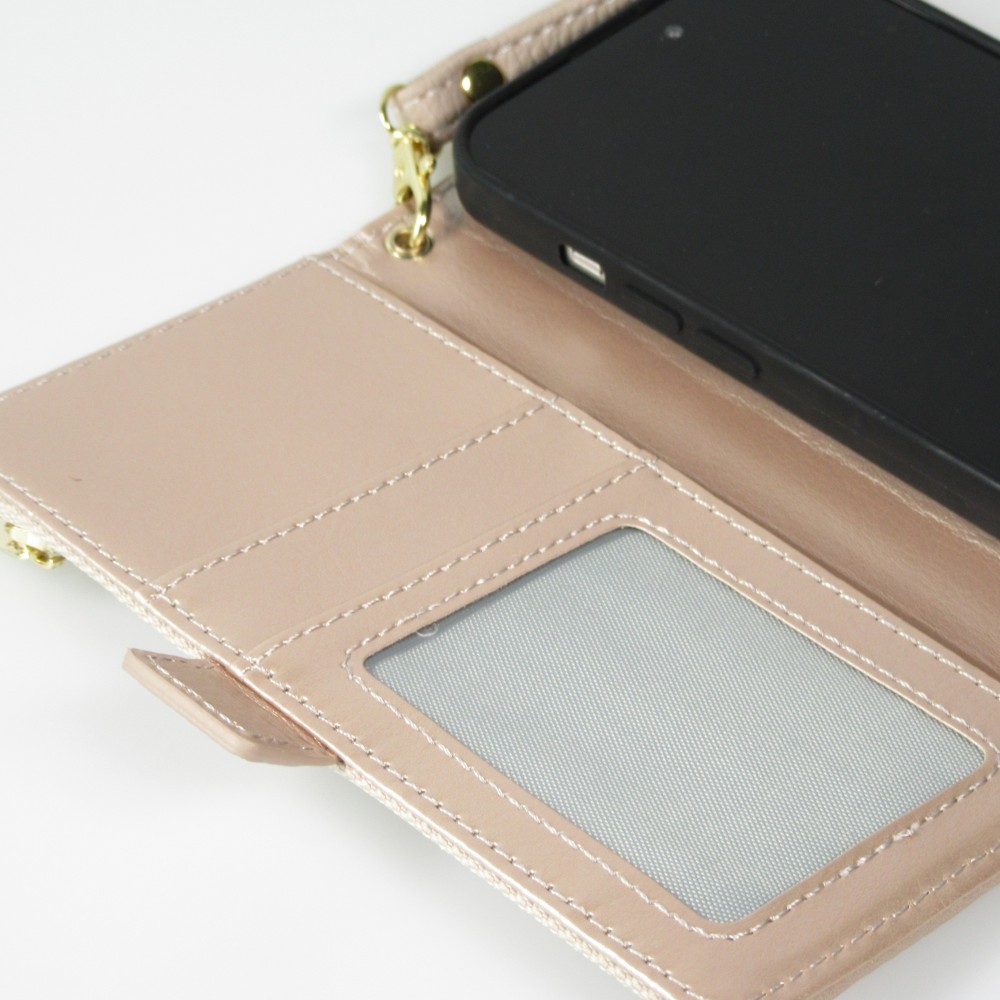 Fourre iPhone 15 Pro Max - Flip Wallet en cuir végétal avec portefeuille et fermeture magnétique - Beige