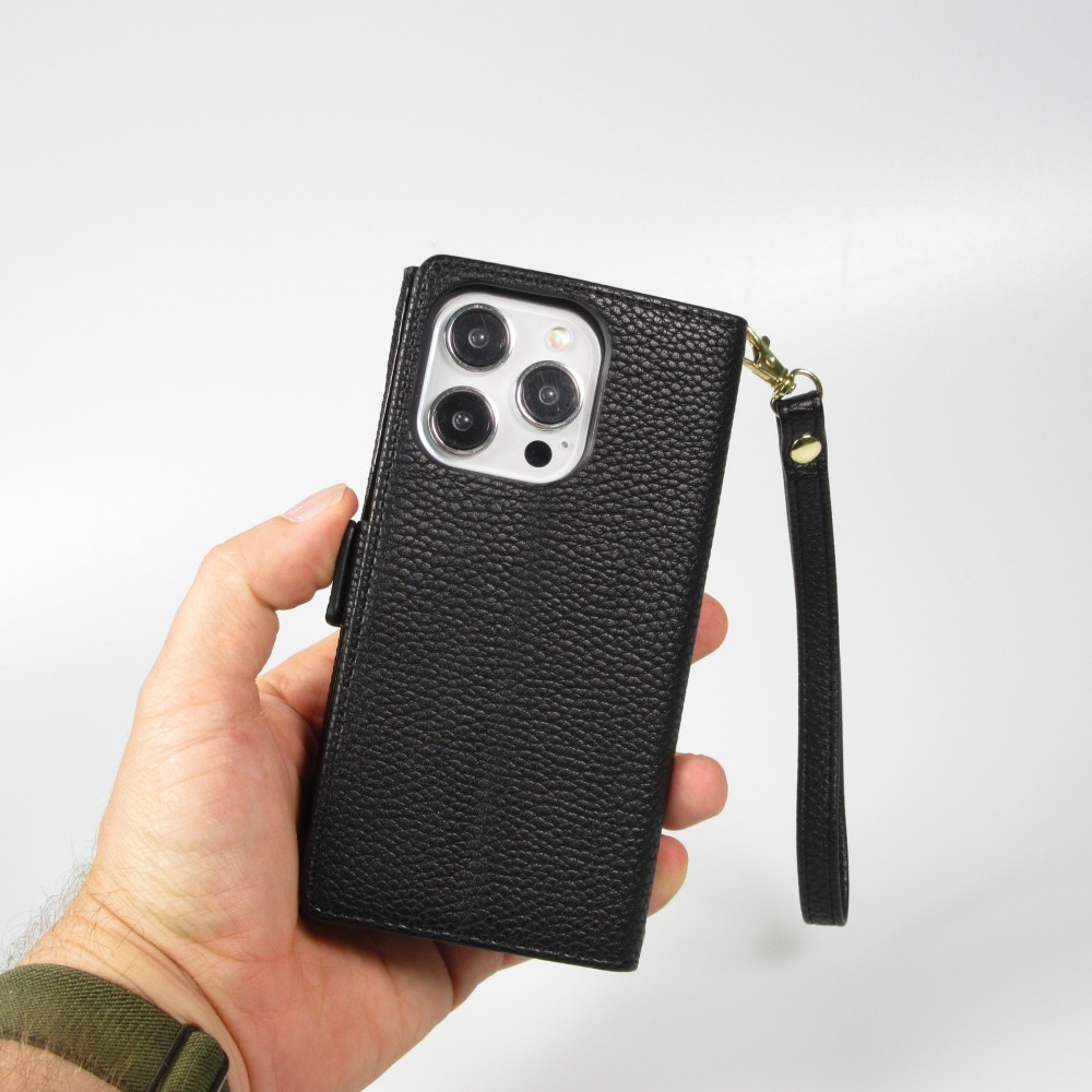 Fourre iPhone 15 Pro - Flip Wallet en cuir végétal avec portefeuille et fermeture magnétique - Noir