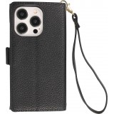 Fourre iPhone 15 Pro - Flip Wallet en cuir végétal avec portefeuille et fermeture magnétique - Noir