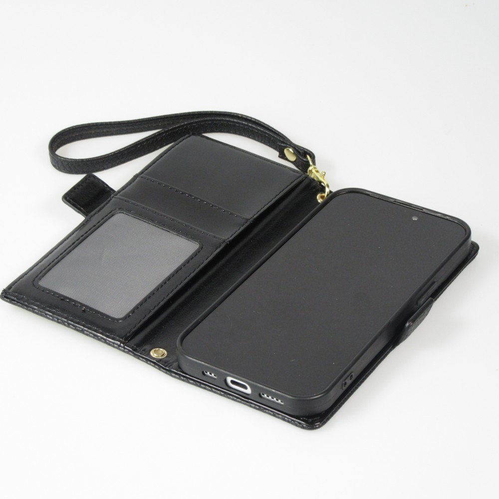 Fourre iPhone 15 Pro - Flip Wallet en cuir végétal avec portefeuille et fermeture magnétique - Noir