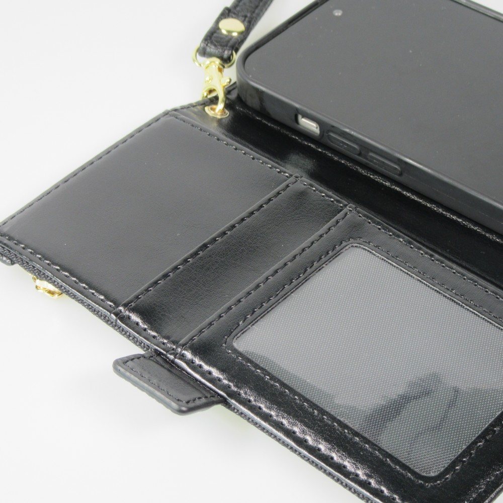 iPhone 15 Pro Case Hülle - Flip Wallet aus veganem Leder mit Brieftasche und Magnetverschluss - Schwarz