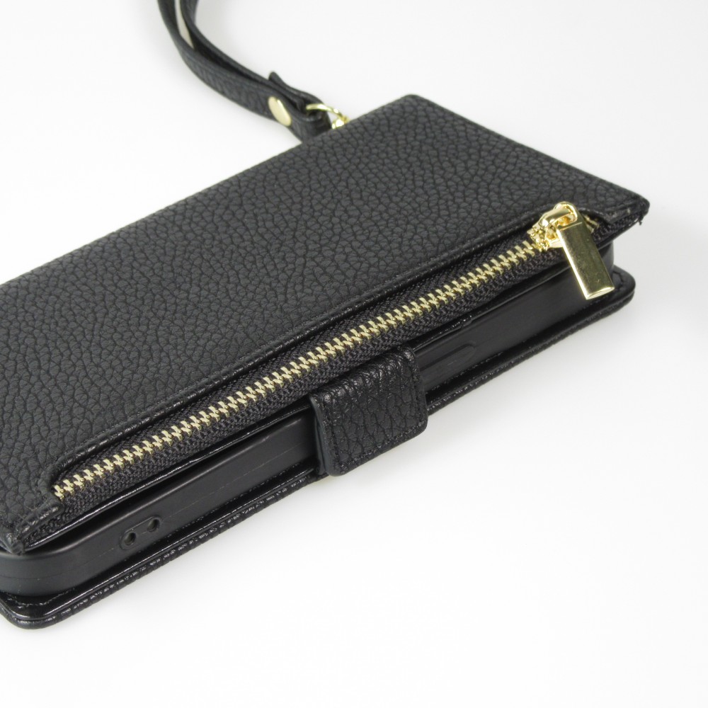 Fourre iPhone 15 Pro - Flip Wallet en cuir végétal avec portefeuille et fermeture magnétique - Noir