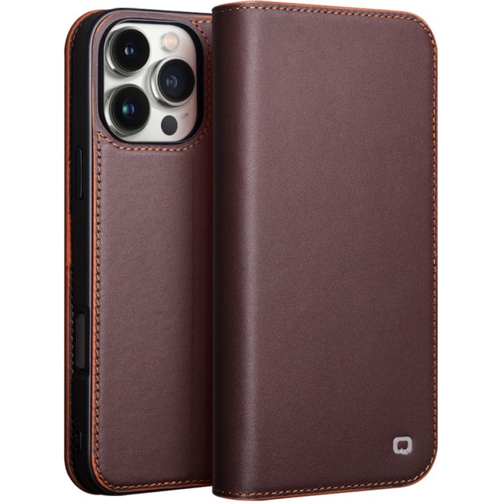 iPhone 16 Pro Max Case Hülle - Qialino Flip Matt Wallet Echtleder - Braun