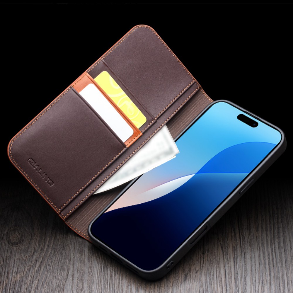 iPhone 16 Pro Max Case Hülle - Qialino Flip Matt Wallet Echtleder - Braun