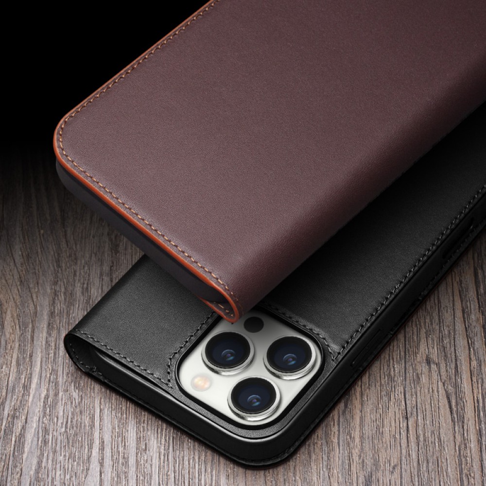 Fourre iPhone 16 Pro Max - Flip Qialino Matt Wallet cuir véritable - Brun