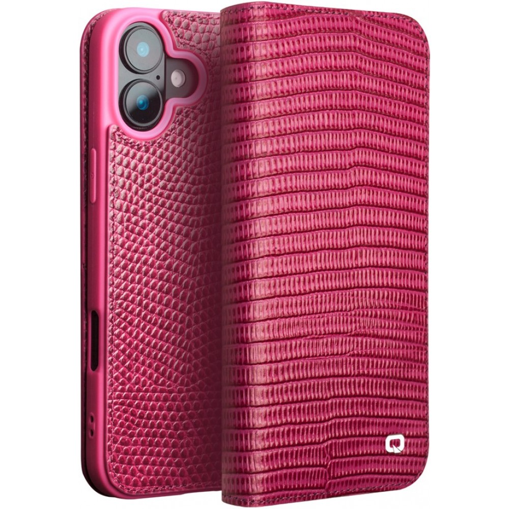 iPhone 16 Case Hülle - Qialino Croco Flip Echtleder - Rosa