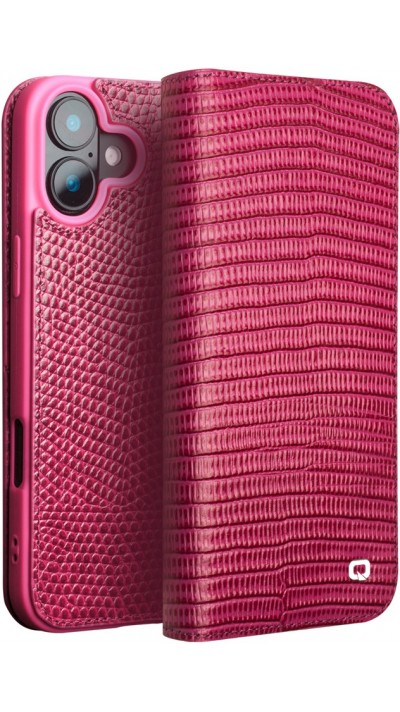 iPhone 16 Plus Case Hülle - Qialino Croco Flip Echtleder - Rosa