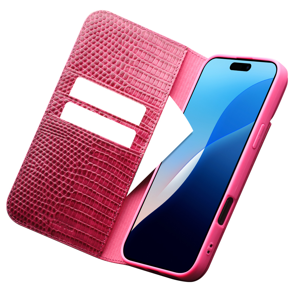 iPhone 16 Plus Case Hülle - Qialino Croco Flip Echtleder - Rosa