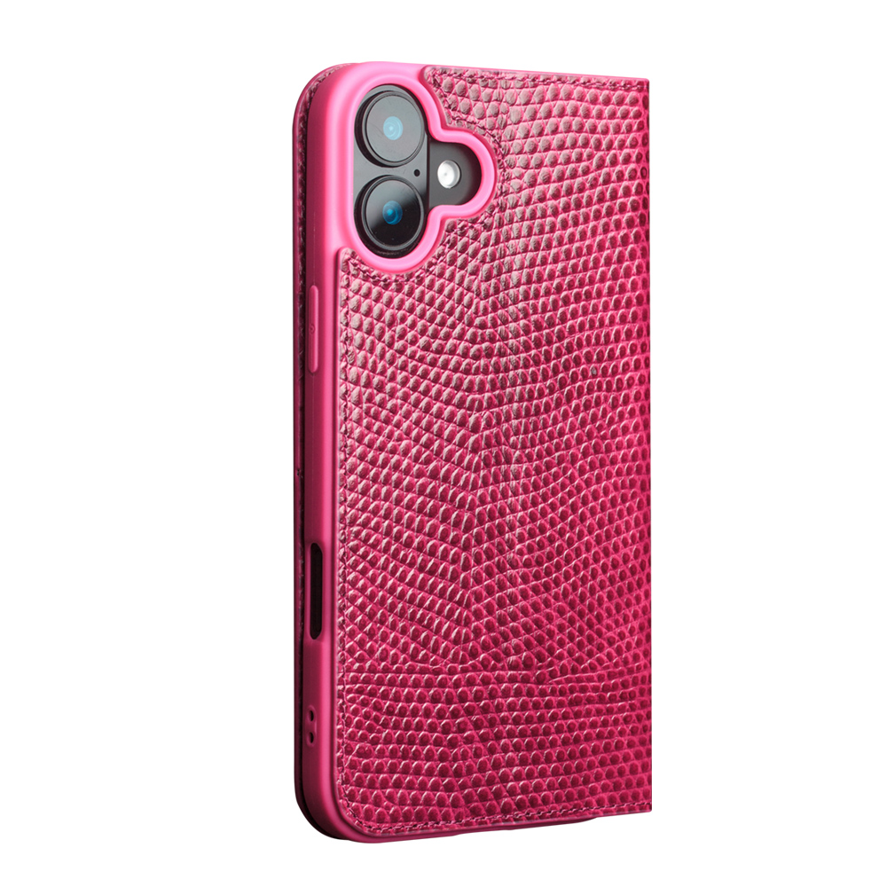 iPhone 16 Case Hülle - Qialino Croco Flip Echtleder - Rosa