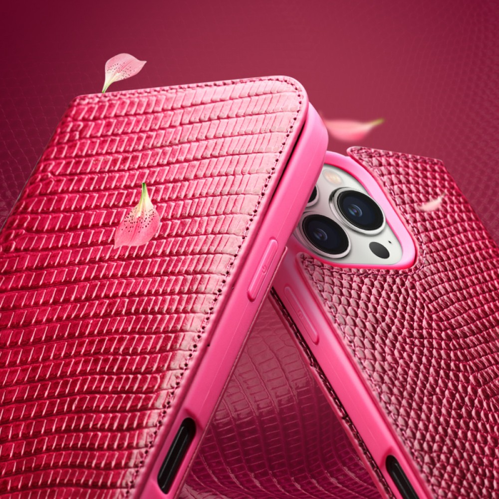 iPhone 16 Plus Case Hülle - Qialino Croco Flip Echtleder - Rosa