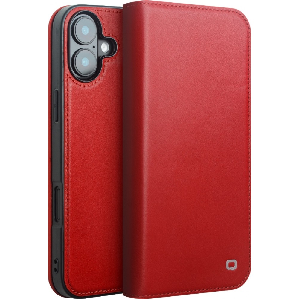 iPhone 16 Case Hülle - Qialino Flip Matt Wallet Echtleder - Rot