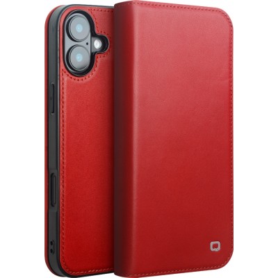 Fourre iPhone 16 - Flip Qialino Matt Wallet cuir véritable - Rouge