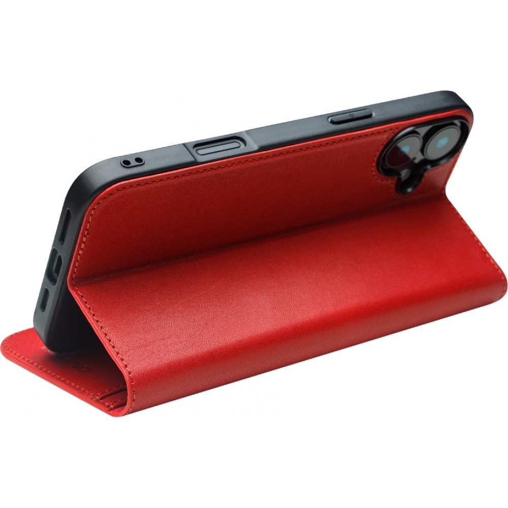 Fourre iPhone 16 Plus - Flip Qialino Matt Wallet cuir véritable - Rouge