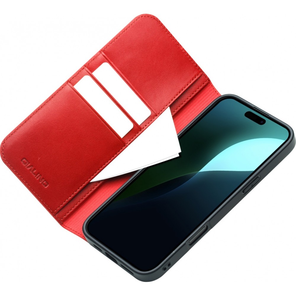 iPhone 16 Plus Case Hülle - Qialino Flip Matt Wallet Echtleder - Rot