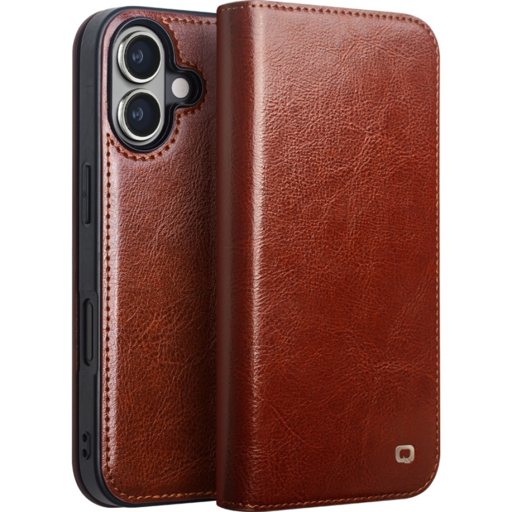 Fourre iPhone 16 - Flip Qialino Classic Wallet cuir véritable - Brun